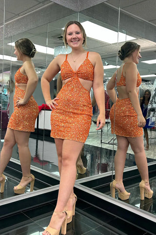 Bodycon V Neck Keyhole Orange Sequins Tight Short Homecoming Dresses VL24080506