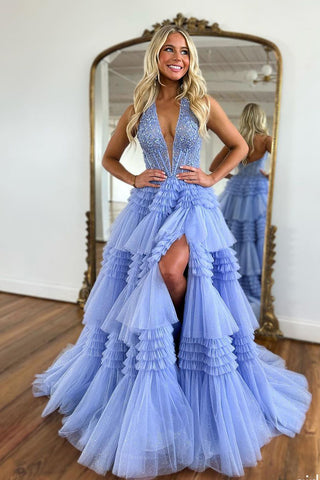 Cute Ball Gown V Neck Blue Tulle Tiered Long Prom Dress VL123003