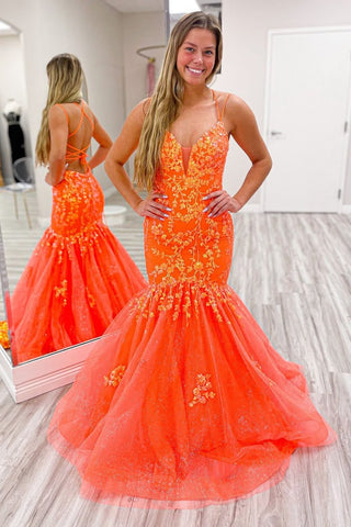 Mermaid Spaghetti Straps Orange Long Prom Dress with Appliques VL011315