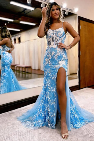 Mermaid Spaghetti Straps Blue Long Prom Dress with Appliques VL011336