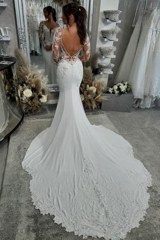 Elegant Mermaid V Neck Elastic Satin Long Wedding Dresses with Beading VL24101107