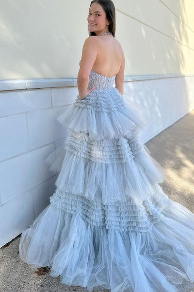 Cute Ball Gown Halter Neck Tiered Tulle Prom Dress VL010702