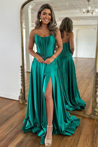 Green A-Line Strapless Zipper Back Long Satin Prom Dress With Split VL011911