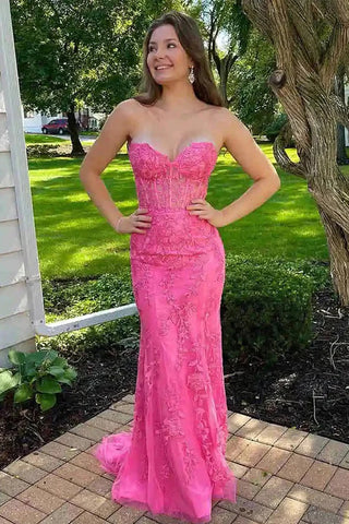 Cute Mermaid Sweetheart Hot Pink Lace Long Prom Dress with Beading VL122215