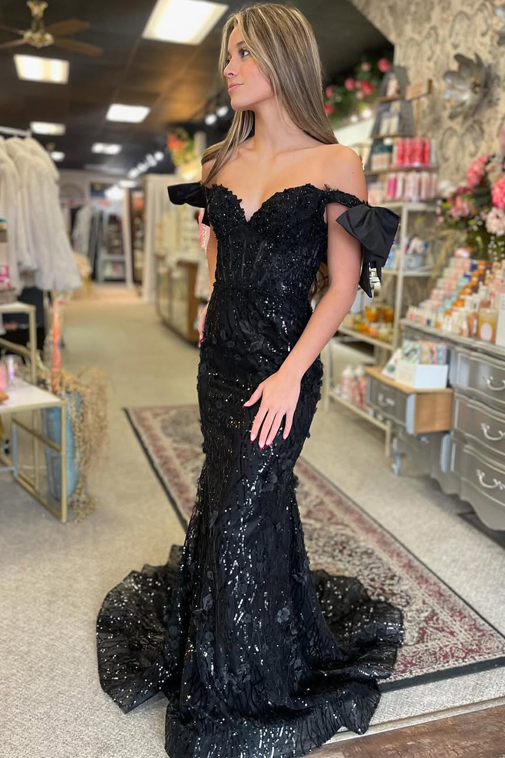 Cute Mermaid Off the Shoulder Black Lace Sequins Prom Dresses with Bow VL24120907