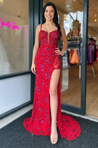 Mermaid Spaghetti Straps Red Corset Long Prom Dress VL011317