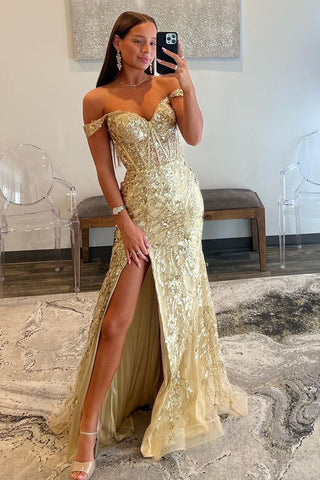 Charming Mermaid Sweetheart Champagne Sequins Lace Prom Dress with Slit VL122314