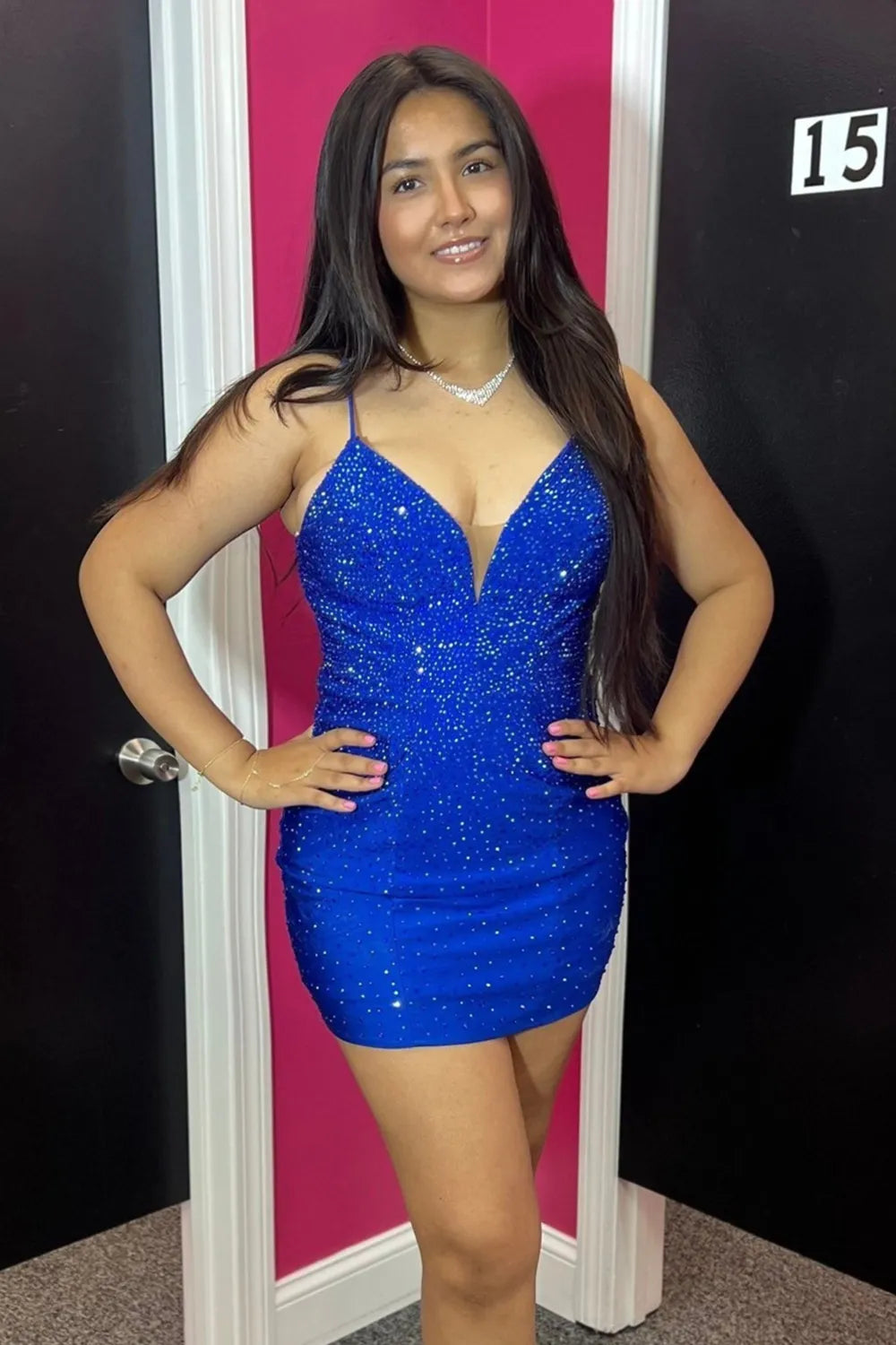 Bodycon V Neck Royal Blue Beaded Shor Homecoming Dresses VL24072703