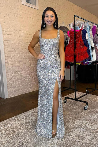 Mermaid Square Neck Silver Sequins Long Prom Dress VL012608