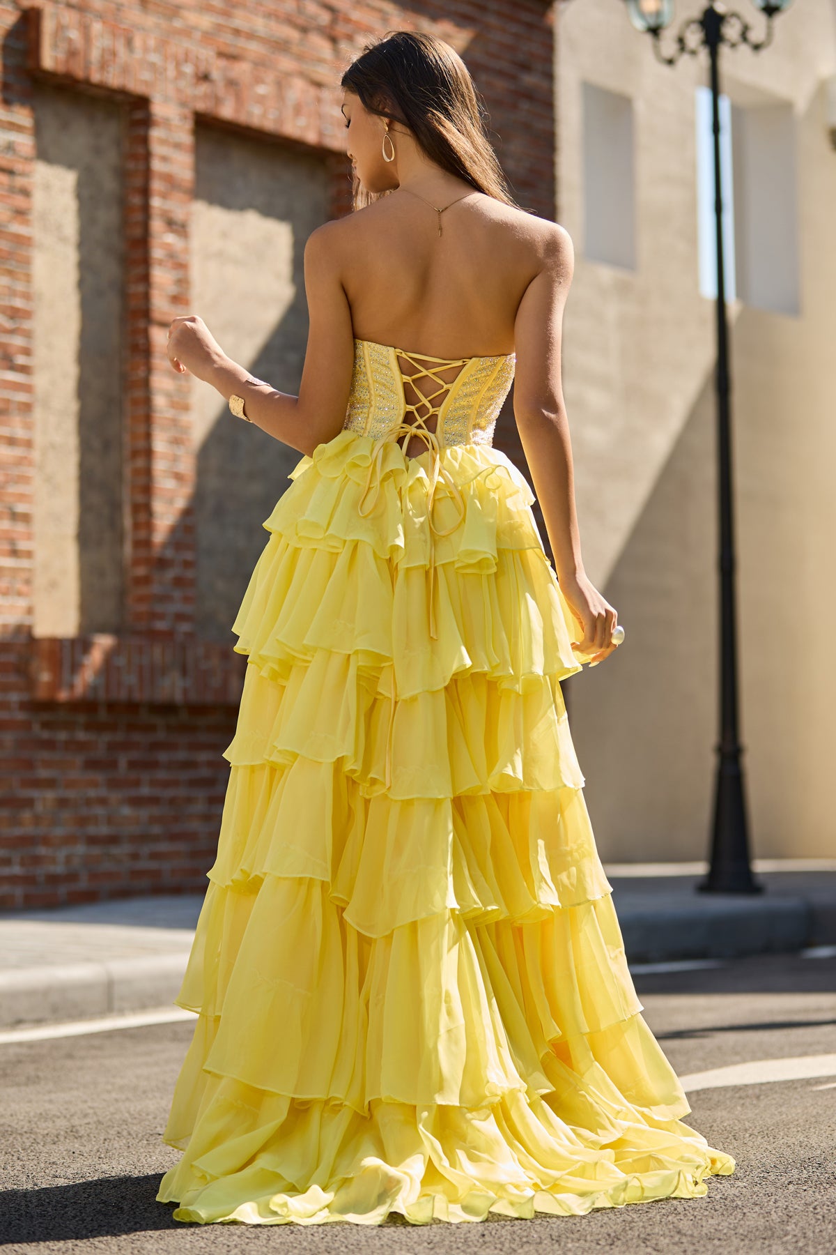 A Line Scoop Neck Light Yellow Chiffon Tiered Prom Dress with Slit