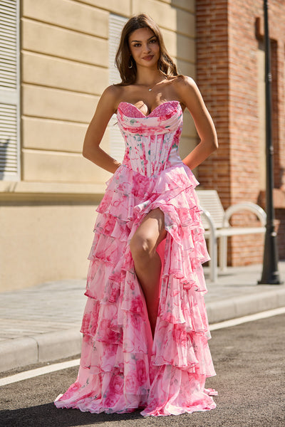 A Line Sweetheart Pink Floral Chiffon Tiered Prom Dress with Slit VL25122106