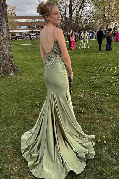 Elegant Mermaid V Neck Sage Green Stretch Satin Prom Dress with Applqiues VL010709