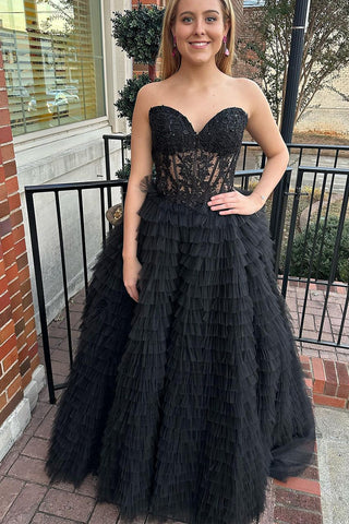 Cute Ball Gown Sweetheart Black Tulle Tiered Prom Dress VL122707