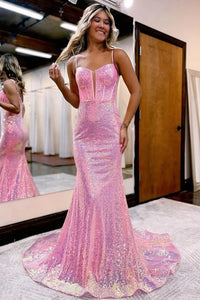 Sparkly Pink Sequin Long Mermaid Corset Prom Dress VL011419