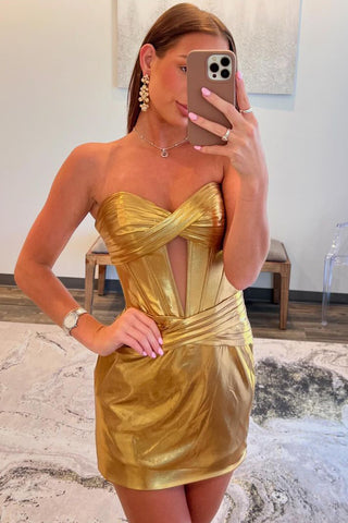 Metallic Gold Strapless Short Corset Tight Homecoming Dresses VL24080604