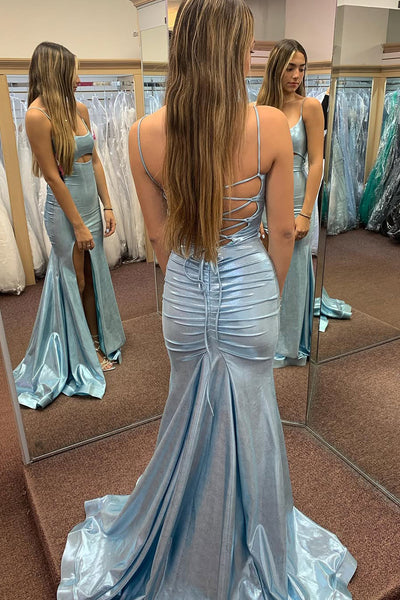 Cute Mermaid Straps Light Blue Metallic Satin Prom Dress with Slit VL24121811