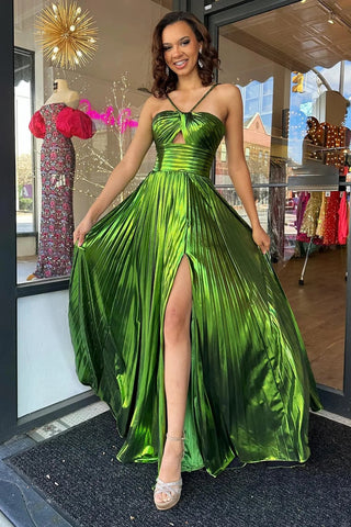 Glitter Green A Line Backless Long Prom Dress With Slit VL011244