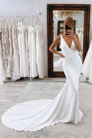 Elegant Mermaid V Neck Satin White Satin Long Wedding Dress VLWD011402