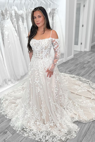 Luxurious A-Line Cold Shoulder Tulle Lace Wedding Dress with Pockets VL4070702