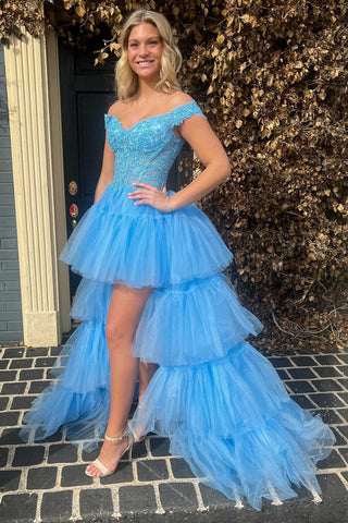 Blue Tulle Lace Off-the-Shoulder High-Low Tiered Prom Dress VL011629