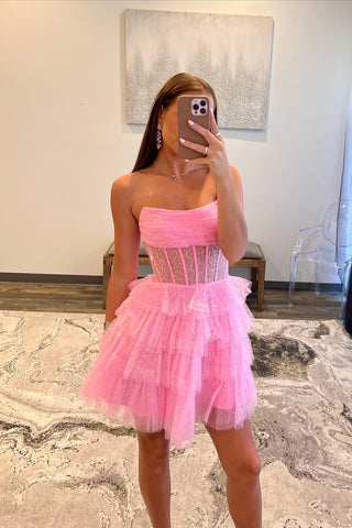 Pink A-Line Strapless Tiered Tulle Short Homecoming Dresses VL24072305