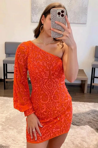 Orange One Shoulder Sequins Short Homecoming Dresses with Sleeve VL24072504