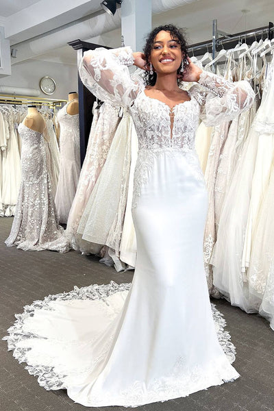 Gorgeous Mermaid Square Neck Long Sleeves Wedding Dresses with Appliques VL4070610