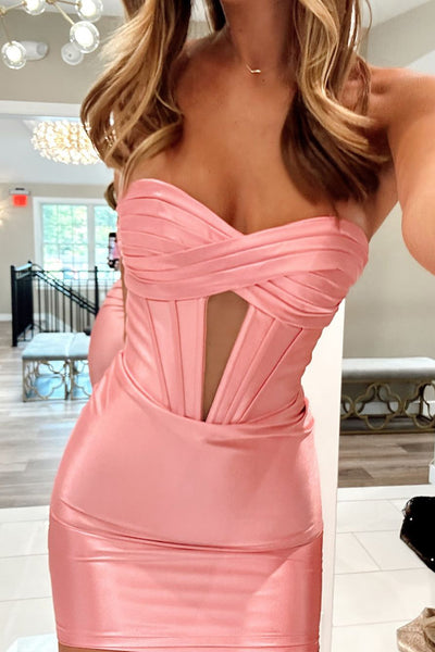 Simple Bodycon Strapless Pink Keyhole Short Homecoming Dresses VL24080602