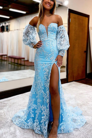 Cute Mermaid Sweetheart Light Blue Sparkly Lace Long Prom Dress with Slit VL122213