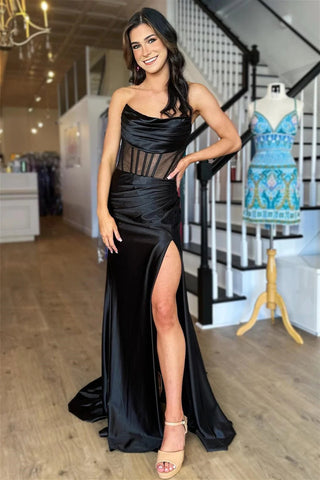 Strapless Pleated Boning Sheer Long Prom Dress with Slit VL012018