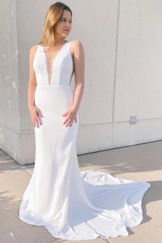 Eleagnt Mermaid V Neck White Elastic Satin Wedding Dresses with Beading VL24112908