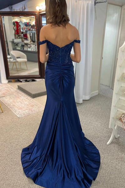 Elegant Mermaid Off the Shoulder Navy Slit Prom Dress with Appliques VL25010204