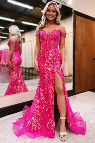 Fuchsia Off the Shoulder Sequins Lace Long Prom Dresses with Slit VL030401