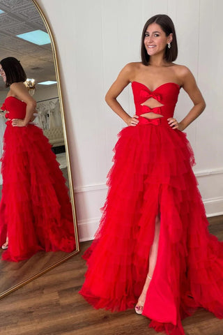 Red Strapless A-line Layers Bows Long Prom Dress with Slit VL0112003