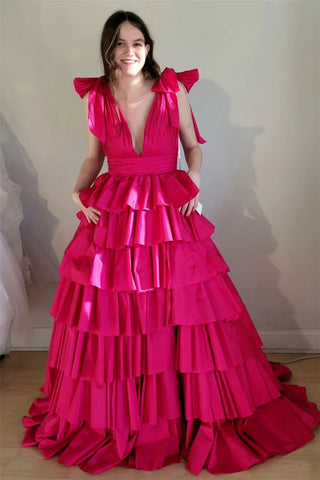 Fuchsia Deep V Neck Tiered Satin Long Prom Dresses VL011614