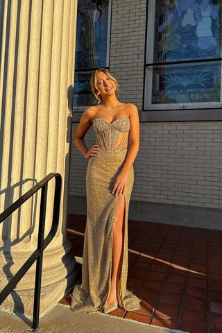 Cute Mermaid Sweetheart Gold Sequins Slit Prom Dress with Beading VL24121803