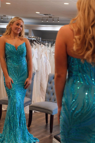 Mermaid Strapless Blue Sequins Appliques Long Prom Dresses VL022802