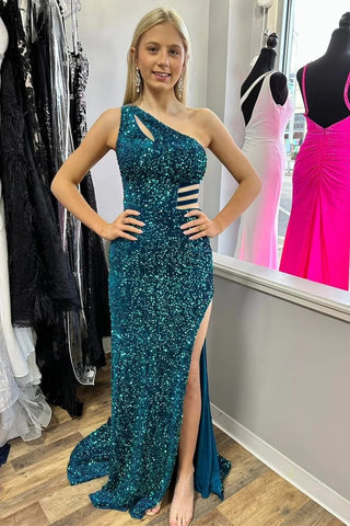 One-Shoulder Turquoise Sequin Keyhole Long Prom Dress with Slit VL011313