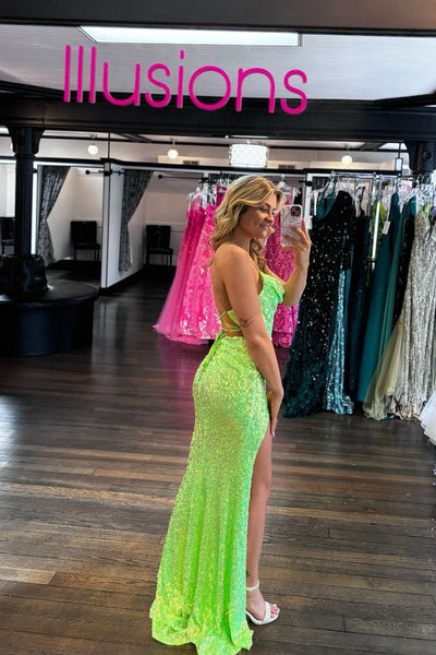 Charmimg Mermaid Cowl Neck Green Sequins Long Prom Dresses with Slit VL4070305