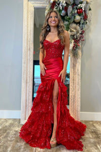 Mermaid Sweetheart Dark Red Tiered Prom Dress VL25010203