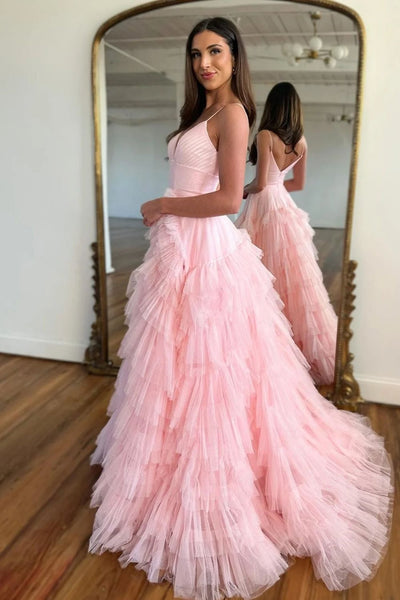 A Line Spaghetti Straps Light Pink Long Prom Dress with Ruffles VL011218