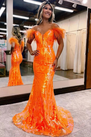 Mermaid Off the Shoulder Orange Long Prom Dress with Feathers VL011235