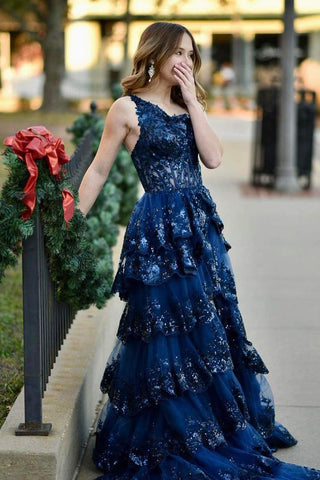 Ball Gown One Sholder Navy Blue Ruffle Tiered Lace Prom Dresses VL020405