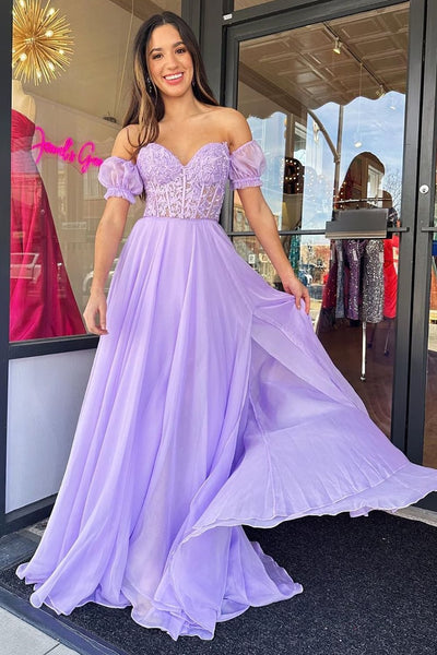 A Line Sweetheart Lilac Chiffon Long Prom Dress with Appliques VL011316