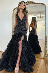 Gorgeous Black Mermaid V-Neck Long Sequin Prom Dress With Ruffles VL013009