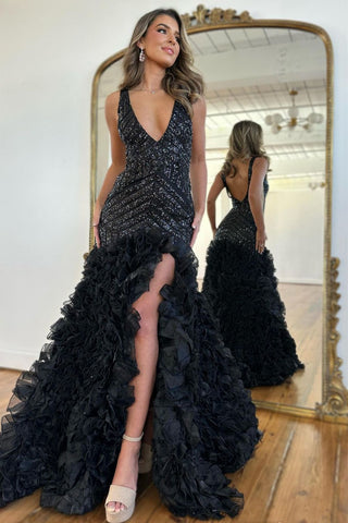 Gorgeous Black Mermaid V-Neck Long Sequin Prom Dress With Ruffles VL013009