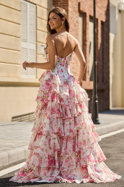 A Line Sweetheart Floral Chiffon Tiered Prom Dress with Slit VL25122108