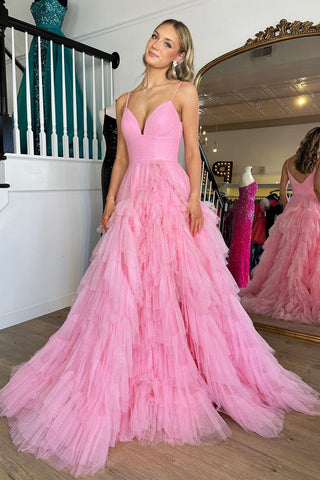 Cute A Line V Neck Pink Tulle Tiered Long Prom Dress with Slit VL122325