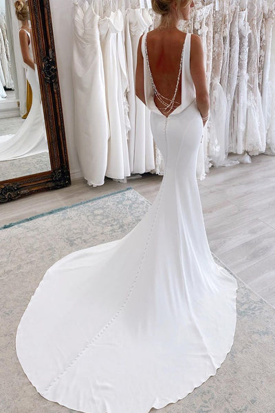 Elegant Mermaid V Neck Satin White Satin Long Wedding Dress VLWD011402