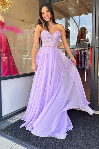 A Line Sweetheart Lilac Chiffon Long Prom Dress with Appliques VL011316